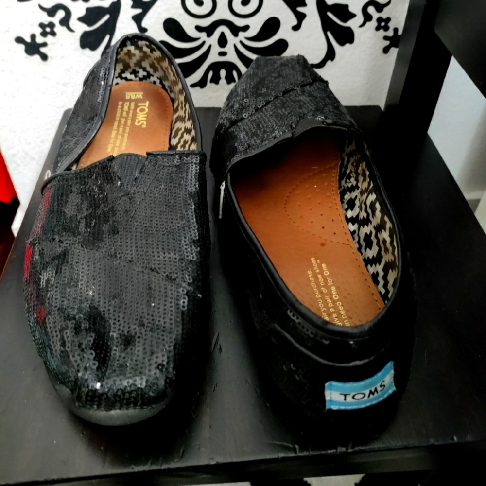 Toms Black Sequin Flats Loafers Shoes size 8.5